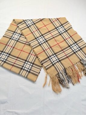 Vintage Tan Plaid Cashmere Scarf – Fringed Winter Wrap – Made in Scotland